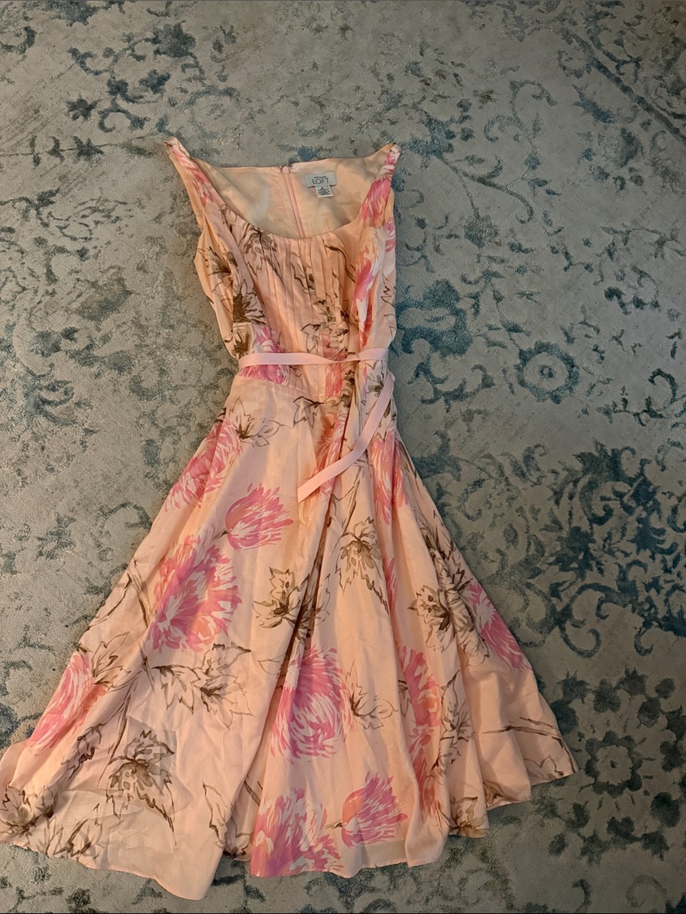 LOFT Pink Floral Midi Dress with Tie Waist